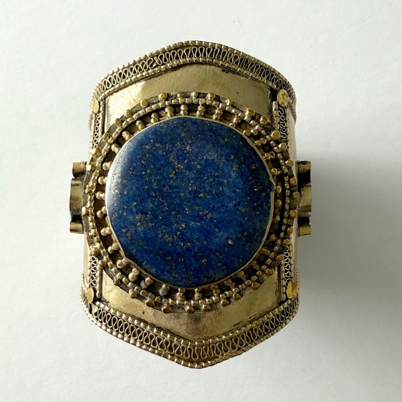 Vintage Handcrafted Laois Lazuli Inlay Gold Tone Tribal Cuff Bracelet - Picture 4 of 9